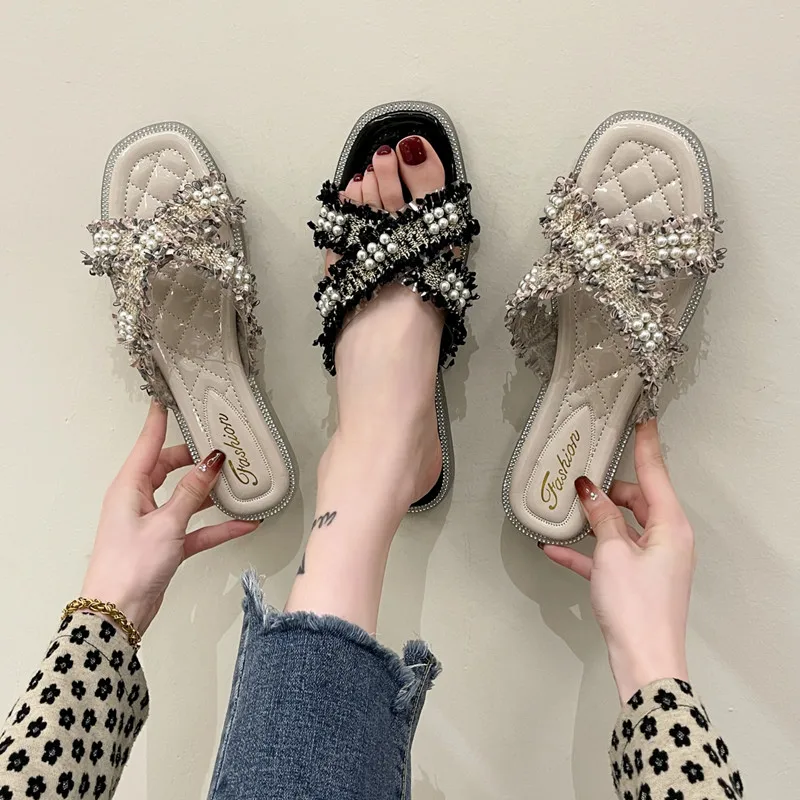 

Beach Shoes Woman's Slippers Luxury Slides Sabot 2022 Designer Summer Flat Rubber PU Cotton Fabric Rome Basic Shoes Ladies' Slip