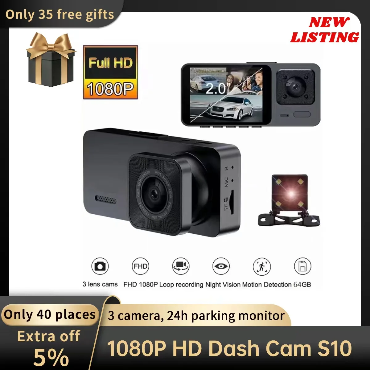 S10 Dash Cam For Car 1080P HD Dash Cam 3 Camera Motion Detection G-sensor Dashcam 24H Parking Monitor dvr 170°FOV Camera For Car