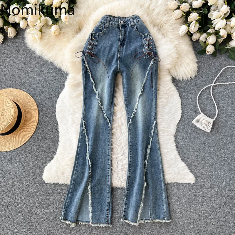 

Nomikuma Jeans Women 2022 Spring Autumn High Waist Drawstring Split Hem Pantalon Femme Vintage Fashion Casual Vaqueros Mujer