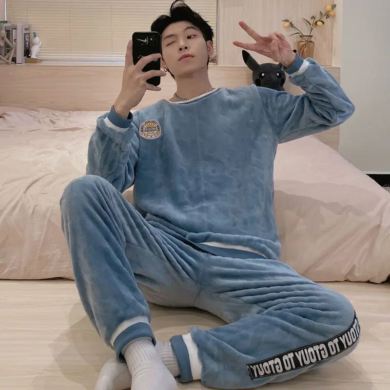 Men's Winter Warm Flannel Pajamas Set 2022 New Fashion Sleepwear Trousers Two-piece French Loose Nightwear Night Clothes Suit
