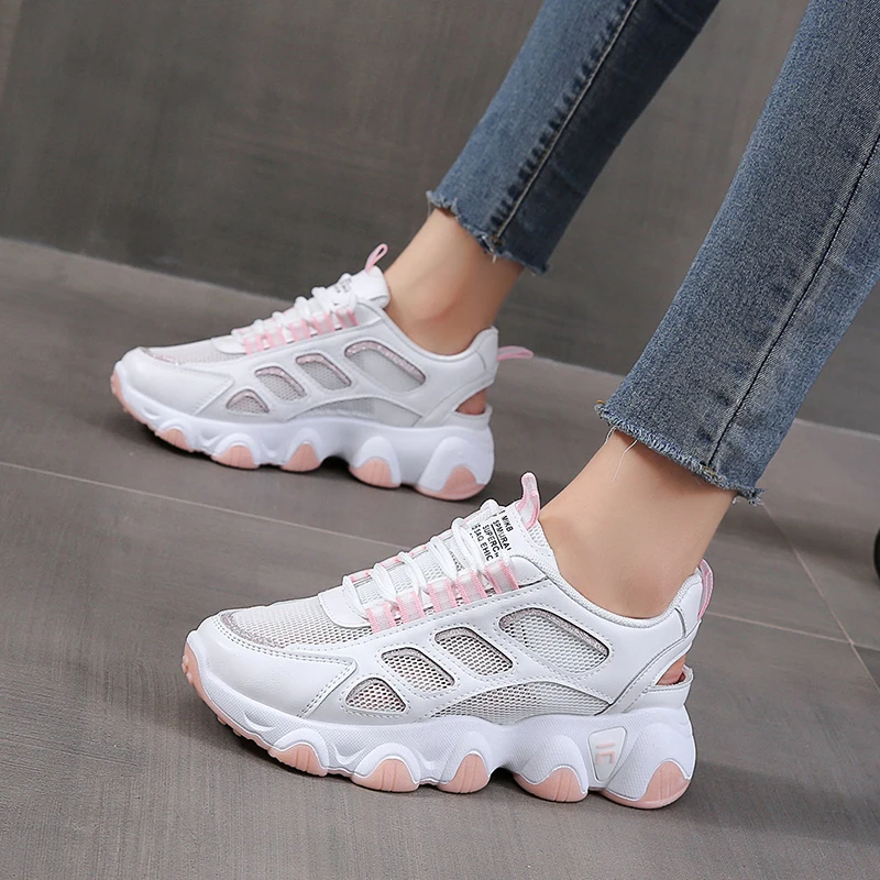 

2021 Summer New Faddish Women Shoes Schoolgirl Hollow Out Air Mesh Sport Shoes Heightening Chunky Sneakers