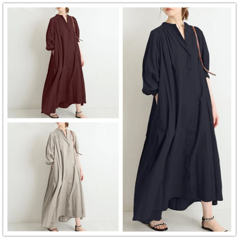 

Платье женское однотонное из хлопка и льна, Длинное свободное Плиссированное в литературном стиле ретро, с воротником-стойкой и широким подолом, осень