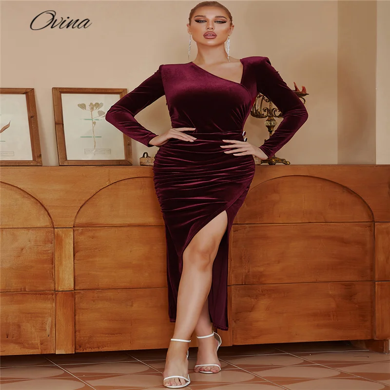 

Wine Red Velvet Dress Autumn And Winter New Women's Long Sleeved Pendant Design Button Decorative Slit Ankle Length Skirt