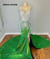 spaghetti green prom dresses 2022 luxury gowns mermaid evening dresses for black girls beaded graduations gown slit abends