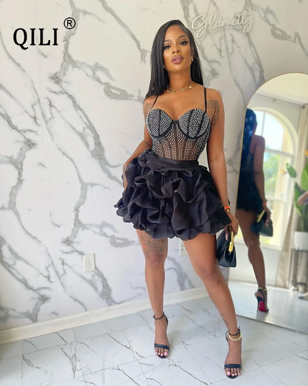 QILI-сексуальное платье на бретелях-спагетти облегающее яркий бриллиант стразы