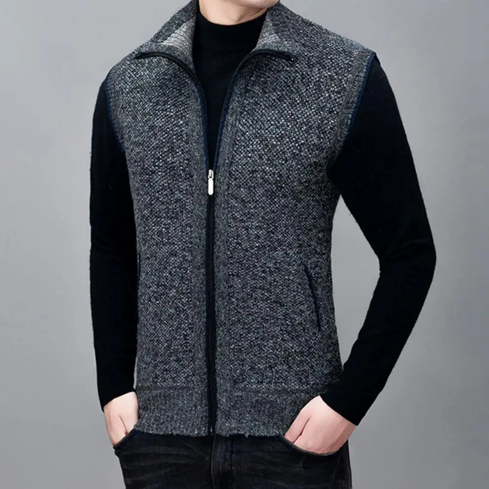 

Fashion Slim Fit Smooth Zipper Windproof Male Pockets Fleece Lining Solid Color Cardigan Outerwear Men Vest Coldproof