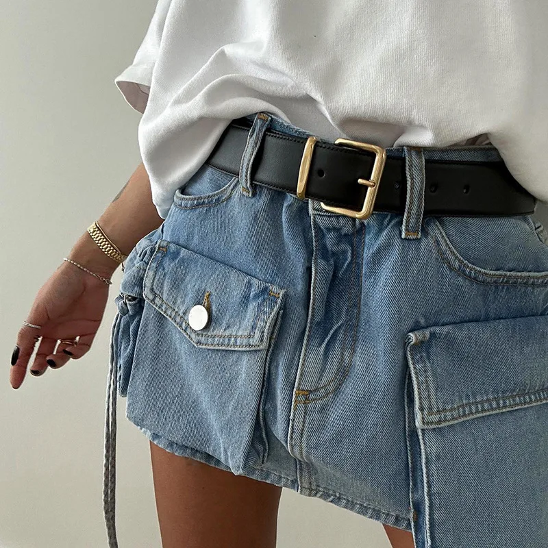 Y2K Summer Women Vintage Streetwear Korean Denim High Waist Knee Length Wide Leg Pockets Baggy Cargo Skirts Harajuku Clothes