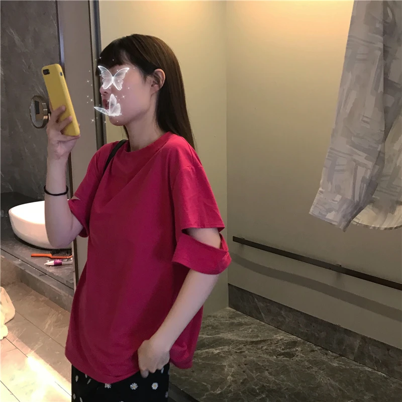 

2022Long-sleeved bottoming shirt with summer dress new cotton T-shirt summer short-sleeved top short thin section hole