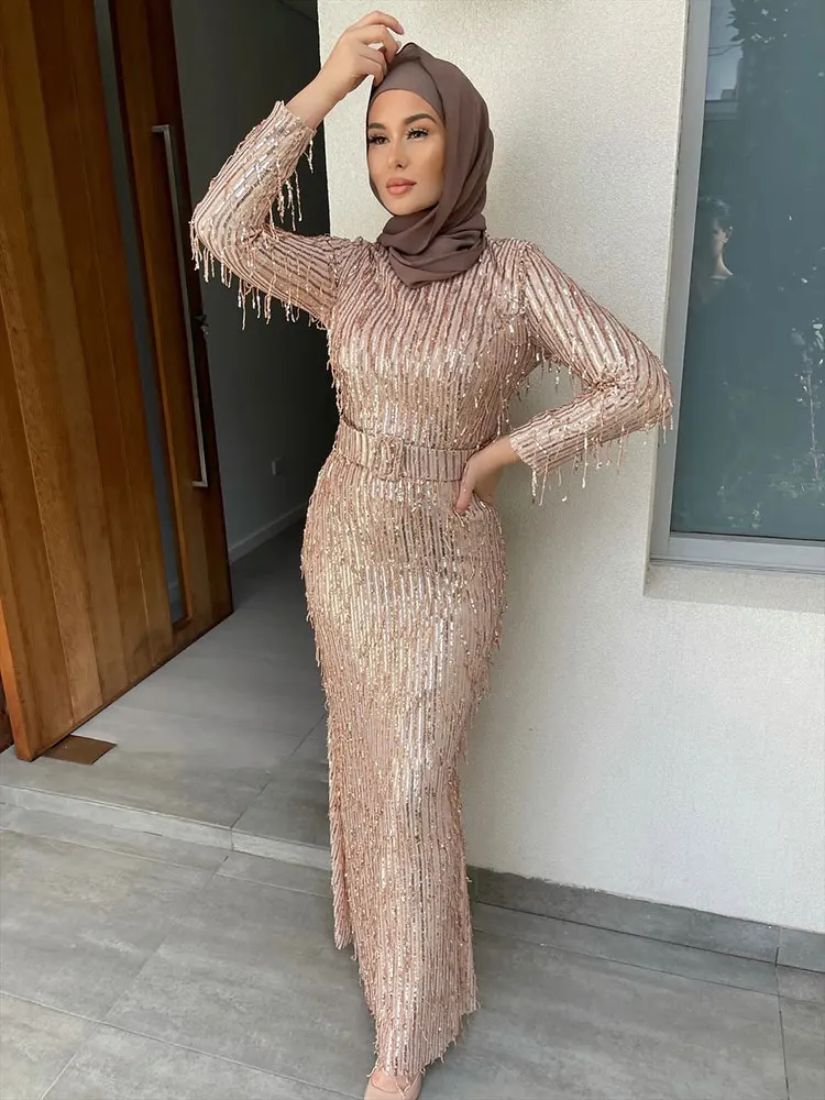 Длинное платье с блестками и бахромой для вечевечерние, женское облегающее вечернее платье с поясом, платья в стиле Дубаи, залива, мусульман...