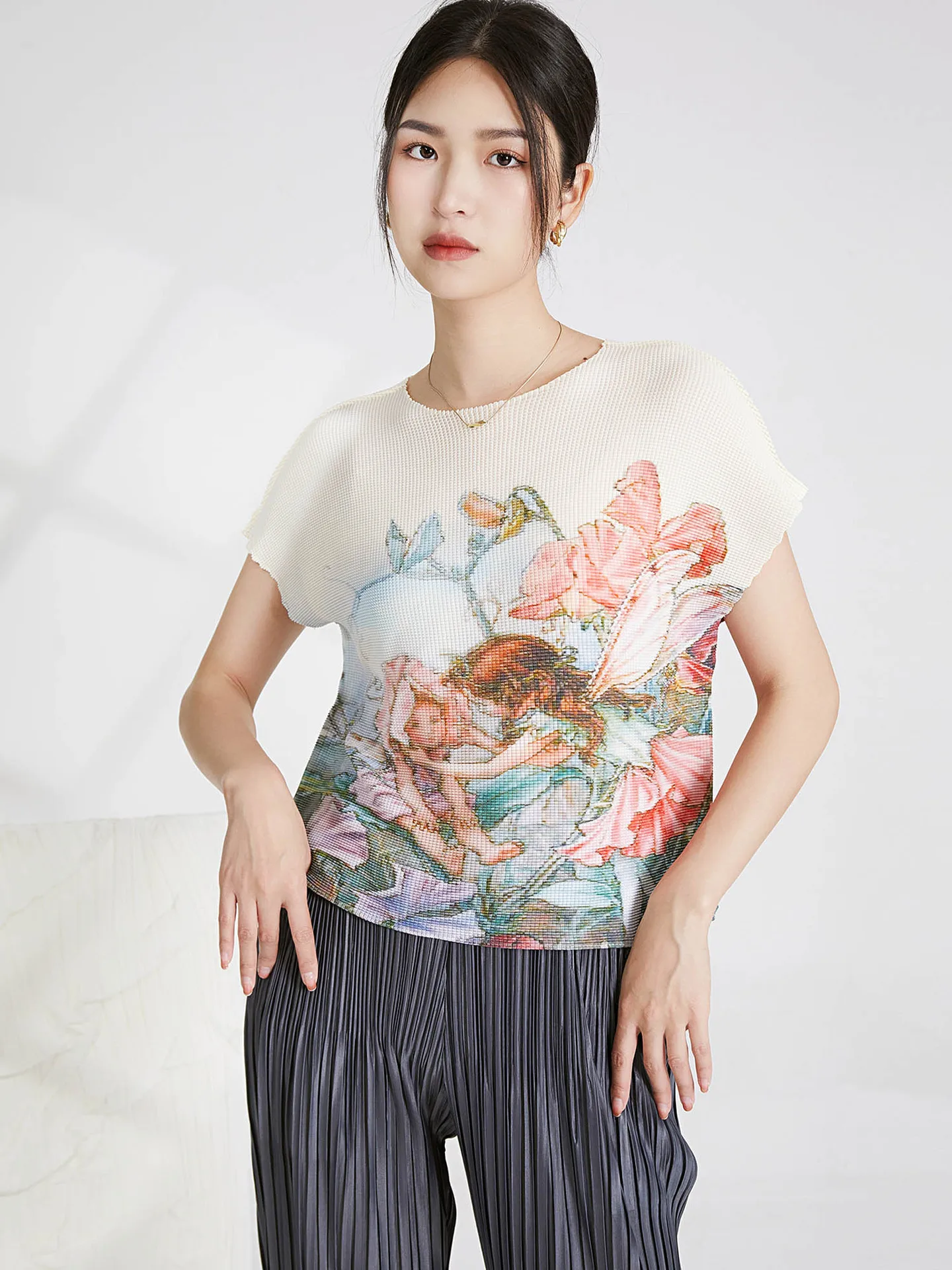 2023 Summer Chic Women's High Quality Sweet Floral Print Loose T-shirt C876