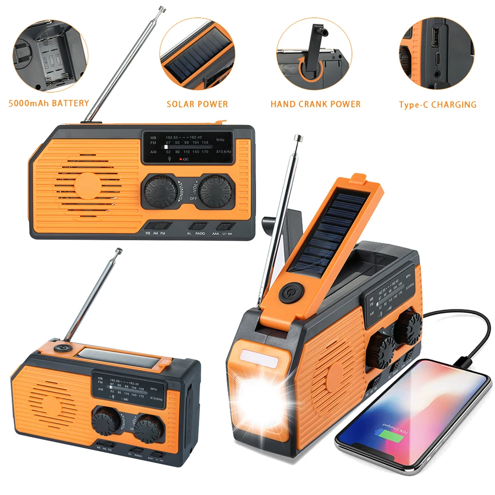 

Радио AM/FM/WB NOAA на солнечной батарее, светодиодный фонарик, встроенный аккумулятор 5000 мАч, внешний аккумулятор