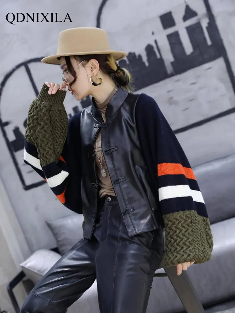 Leather Jacket Women Cardigan Knit Wool Sleeves Ethnic Style New Outerwear Fashion Button Design Women Imitation Sheepskin Coat