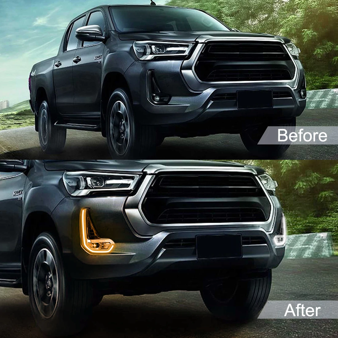 Фото DRL светодиодная противотуманная фара для Toyota Hilux Revo 2020 2021 дневные ходовые огни бампер Вождение водонепроницаемый сигнал поворота провода пе... №2