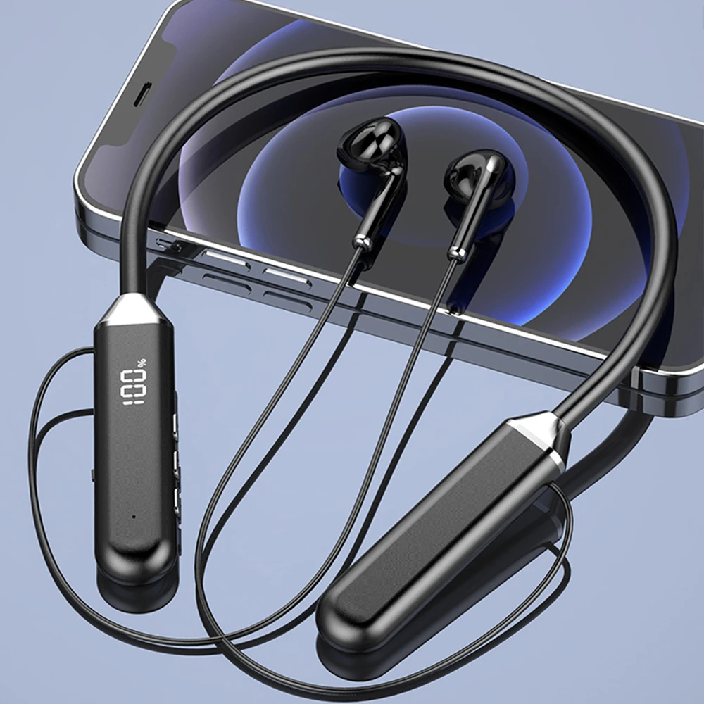 Фото Беспроводные наушники с шейным ремешком Bluetooth 5 2 магнитный светодиодный дисплей