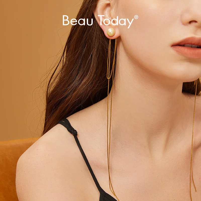 

BeauToday Long Earrings Women 18K Gold Plated Brass Pearl Female Eardrop Elegant Jewelry Accessories with Tassels Handmade 93504