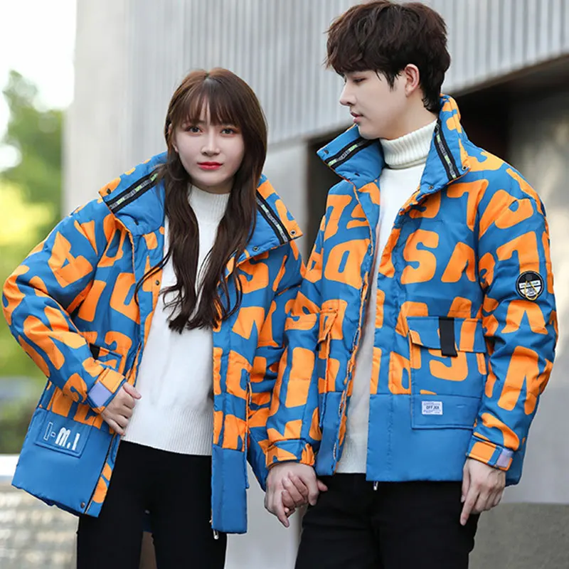 White duck down men's 2022 new stand-up collar coat thickened warm couple down jacket alphabet graffiti down jacket coats