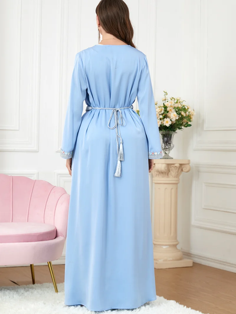 Abaya Dubai Luxury Woman Party Dress For Wedding Floral Embroidery Guipure Lace Panel Belted Kaftan Chand Raat Eid al-Fitr 2023