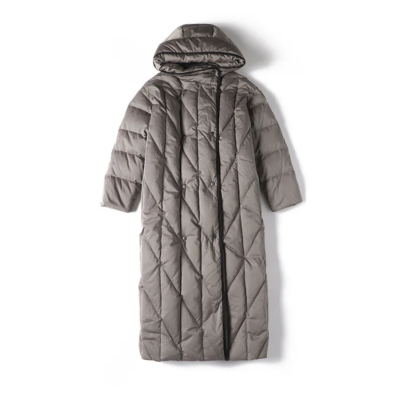 Long down jacket women's loose length over knee thickened hooded white duck down winter coat