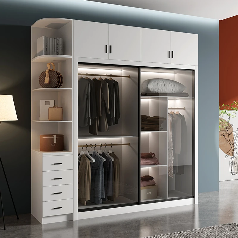 

Wardrobe sliding door modern simple household bedroom cabinet economical rental room sliding door solid wood wardrobe