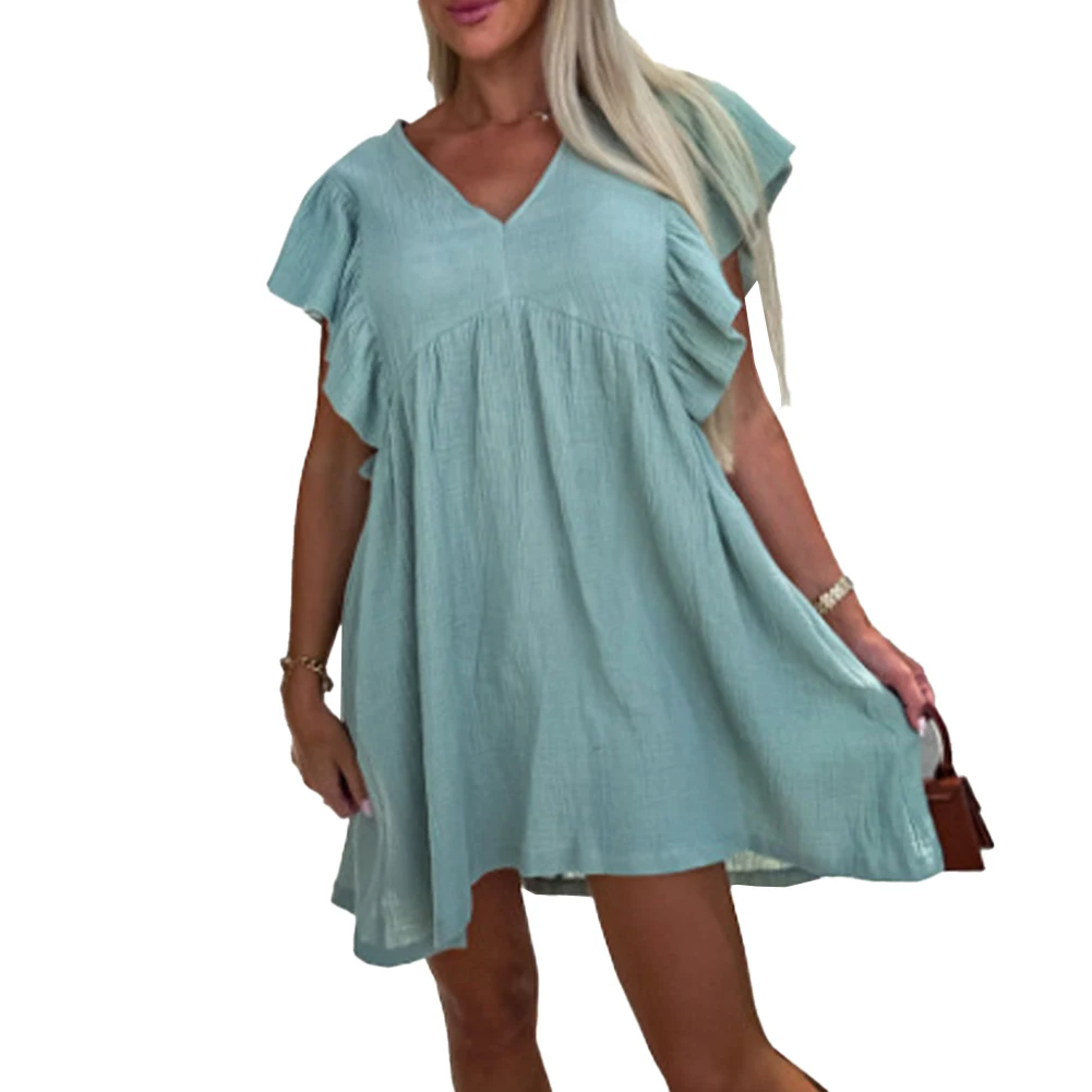 

Comfy Fashion Women Dresses Bohomia Summer Sundress V Neck Basic Beach Casual Eelgant Holiday Loose Short Sleeve