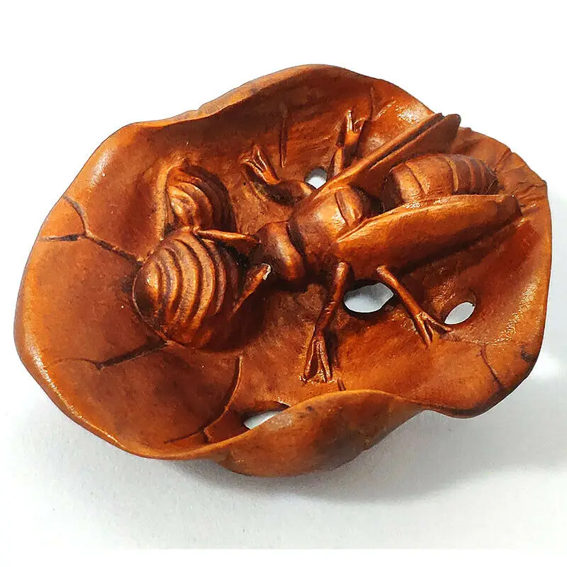 

2 INCH Japanese Boxwood Hand Carved Netsuke Sculpture Miniature Little Insect on Lotus - #X1071