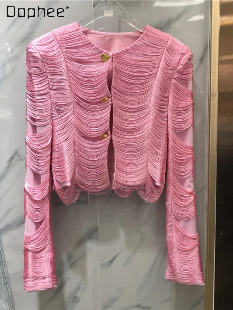 

Fall 2022 New Socialite Pink Tassel Short Coat Female High Street Elegant Woman's Long Sleeve Single-breasted Cardigan Jacket