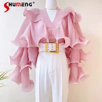 2022 spring summer sweet wooden ear stitching pink shirt womens fashion temperament v neck long sleeve chiffon blouse female