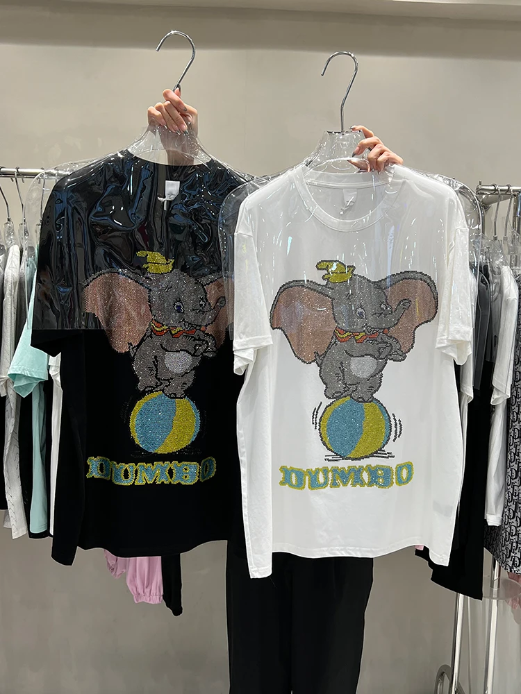 

2022 New Summer Clothes Women T-shirt Tide Brand Cartoon Hot Drilling Short Sleeve Tees O-neck All-match Oversized Top Street