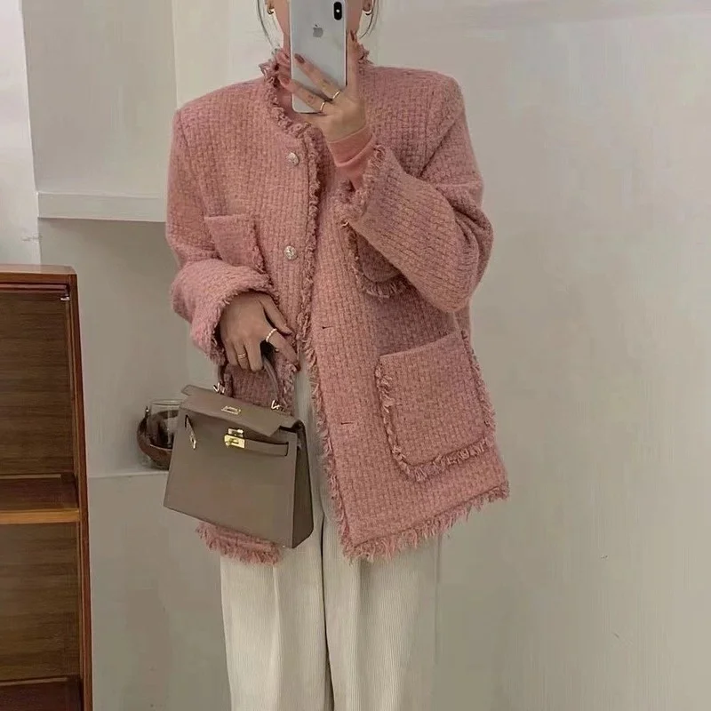 

Женское шерстяное пальто, винтажное пальто из твида, однобортное пальто розового цвета с бахромой, Офисная верхняя одежда в Корейском стиле...