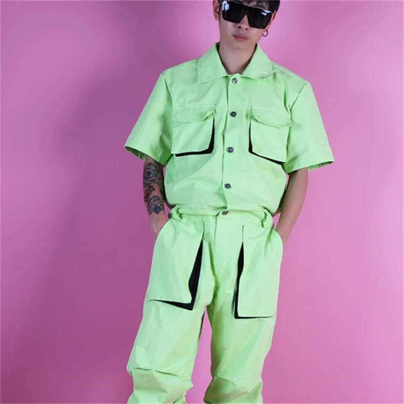 Shirt men short sleeve shirt Three-dimensional bag tooling shirt mens singer Light green partial fluorescence B643