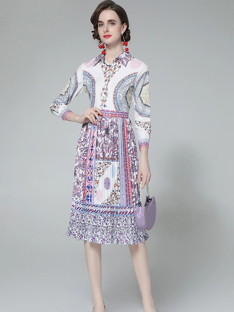 

Vintage Dress Vestidos Para Mujer Runway Fashion Summer Dresses for Women 2023 Long Sleeve Pleated Midi Casual Robe Holiday New