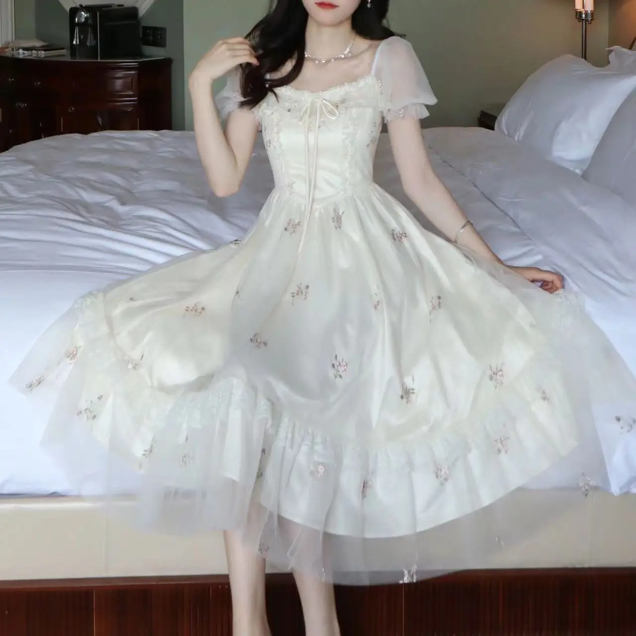 

Beige Elegant Floral Midi Dress Women Chic Casual Evening Party Dress Beach Lace Dresses Korean Fashion Summer 2023