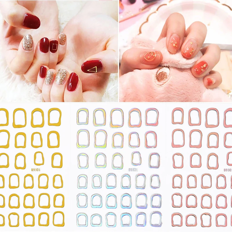 

1 Sheet Simple Hollow Nail Stickers 3D Foil Colorful lines Nail Art Design Irregular Round Square Decals Manicure Decorations