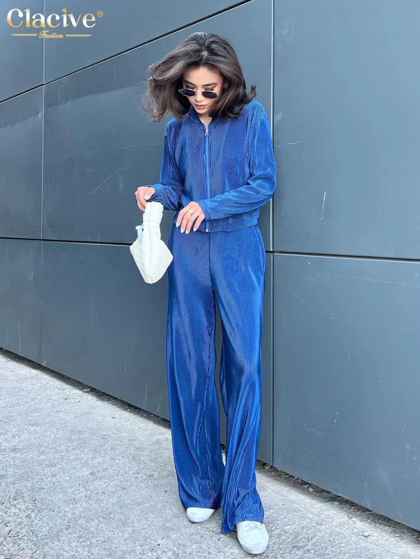 

Clacive Fashion Blue Pleated Two Piece Sets Womens Outifits Casual Loose Hooded Shirts Matching High Waist Wide Pants Female Set