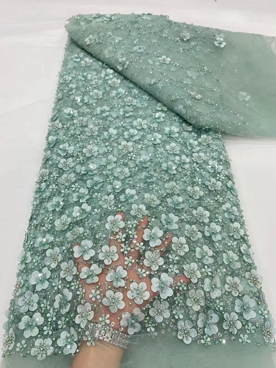 

Luxury African Mesh Fabrics Embroidery Sequins For Women Sewing Evening Dresses White Dubai Beading Flower Lace Fabric 5 Yards