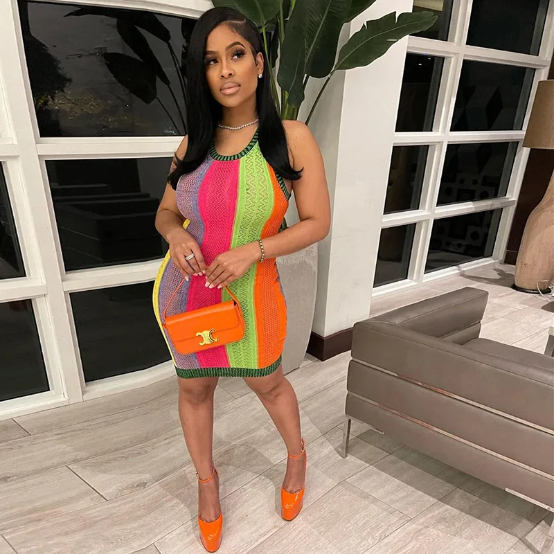 

Colorful Stripe Print Sheer Mesh Mini Dress Women Sexy O Neck Sleeveless Bodycon Night Clubwear Party Dresses Female Vestidos