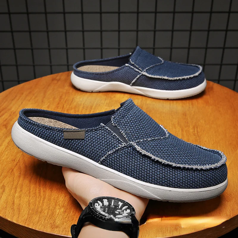 

Men Slippers Half Slippers Summer Lightweight Breathable One Pedal Slippers Driving Outdoor Wear Large Size Canvas Shoes Men