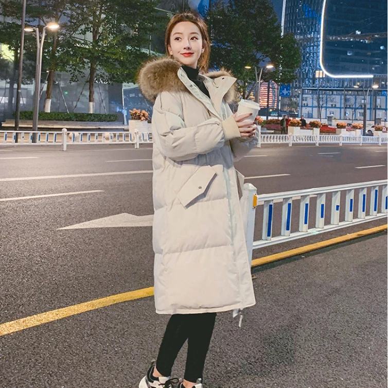 

2022 Winter Black Long Coat WomenThickened Hooded Down Cotton Mid-length Parka Casual Loose Korean College Winter Outwear Chic