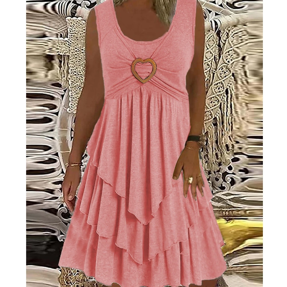 

Wepbel Sleeveless Summer Dress Women Pleated Layered U-neck Elegant Daily A-line Dress Solid Color Medium Length Casual Dress