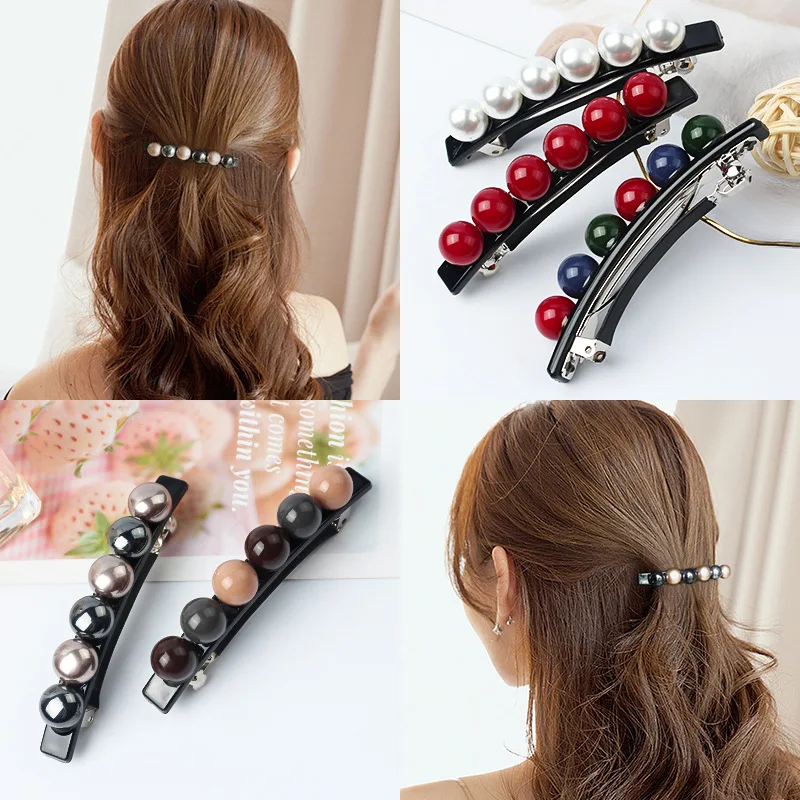 

Women Elegant Full Pearl Spring Clip Ponytail Hairpins Women Girls Simple Barrettes Hairgrips Headwear Hair Styling Accessories