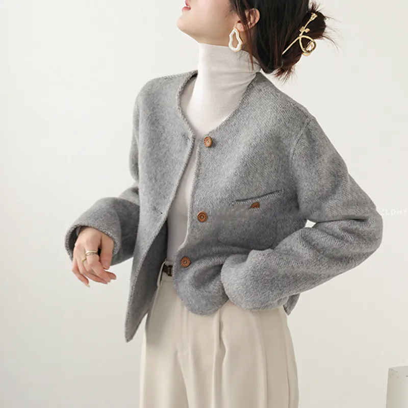 

Корейское двубортное кашемировое пальто для женщин, короткое однобортное шерстяное пальто с круглым вырезом для маленьких людей, Осень-зима 2023