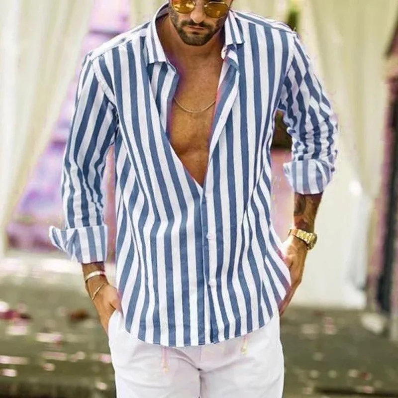

Men Casual Blouse Shirt Stripe Printing Loose Tops Long Sleeve Tee Shirt Spring Autumn Casual Handsome Men's Shirts New