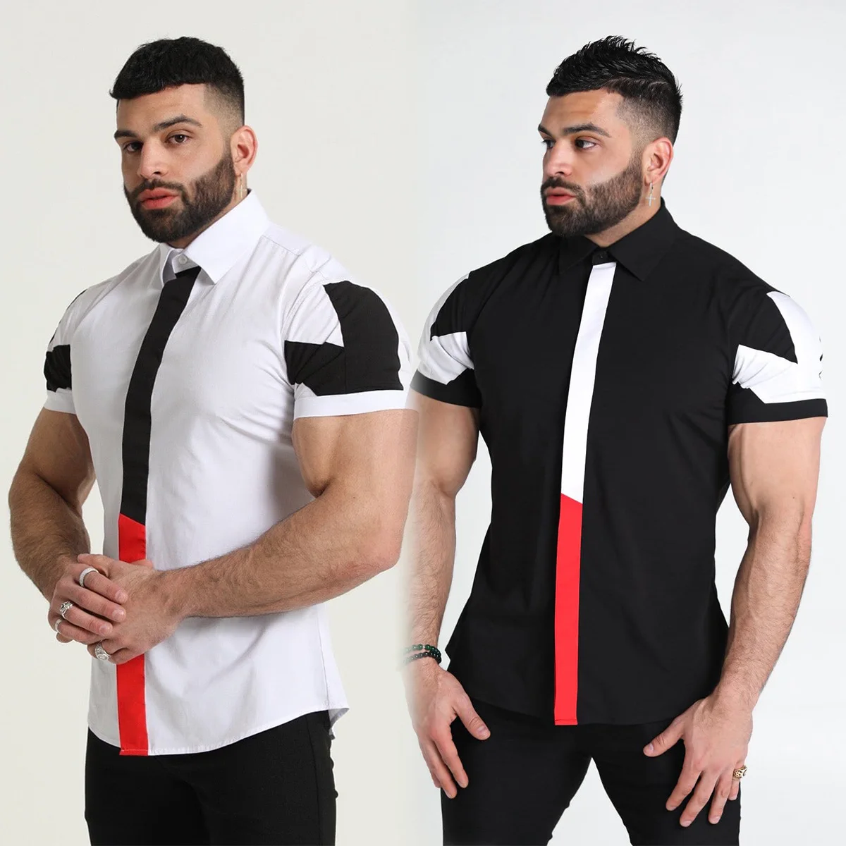 

2022 summer new stitching bright red contrast color men's shirt element popular fashion slim handsome men's cardigan
