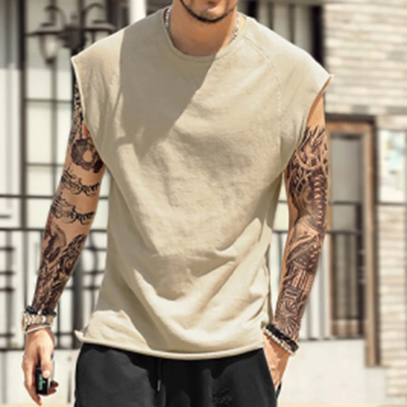 

B2391 Neck Sleeveless T-Shirts Men Hip Hop Basic Male Vintage Vest Tops Tees Shirts