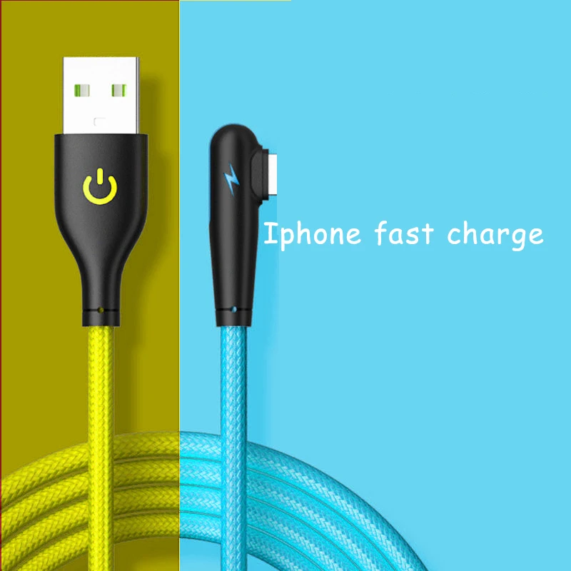 

3A L-shape Nylon USB Cable For iPhone 13 12 11 Pro XS Max XR X 8 7 6 6S 5S se Fast Charger 90 Degree USB Wire Cord Phone Cable