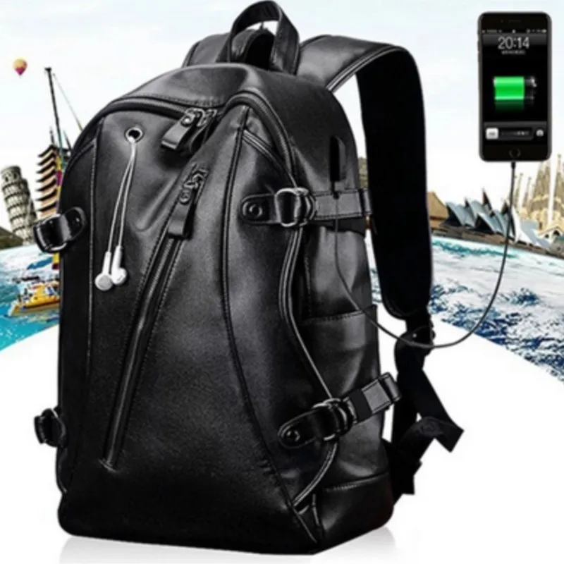 

Men Backpack External Usb Charge Waterproof Backpack Fashion Pu Leather Travel Bag Casual School Bag Leather Bookbag New