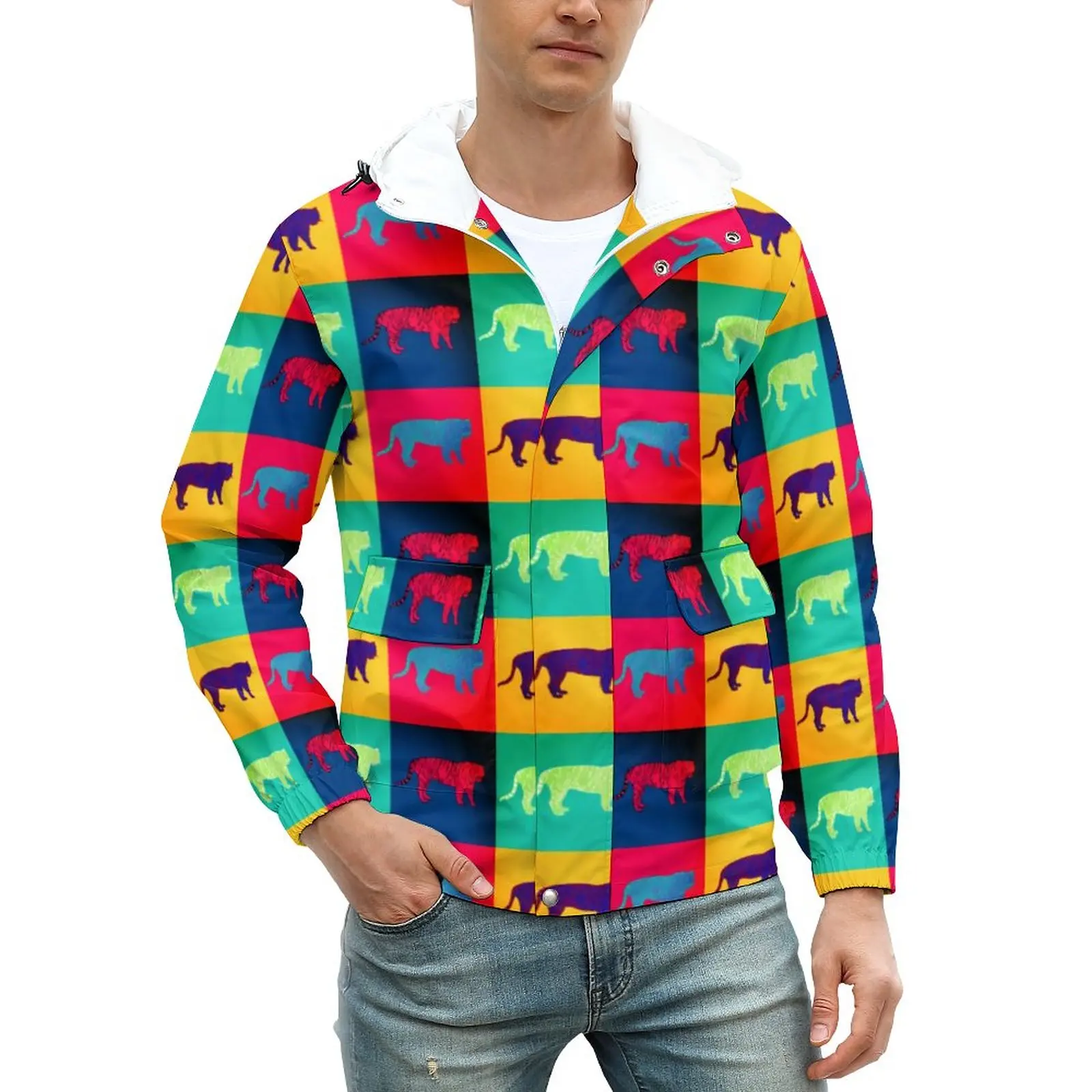 

Colorful Tiger Jackets Winter Pop Art Style Street Wear Casual Coats Waterproof Outdoor Windbreakers Graphic Oversized Jacket