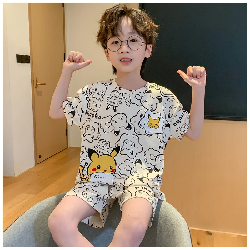 

Pokemon Anime Cartoon Characters Pikachu Printed Boys Short Sleeved Shorts Home Clothes Summer Breathable Thin Pajamas Set Gift