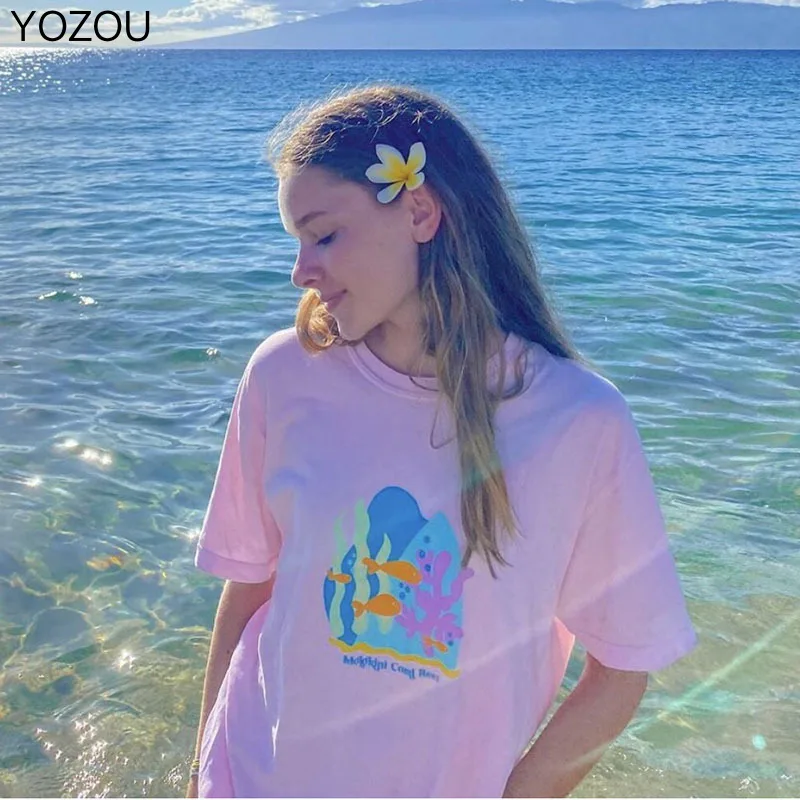 

YOZOU 2022 Summer Pink Top Sweet Cute Kawaii Short Sleeve Oversized T-shirt for Female Women Cotton Graphic Tee Beach Loose