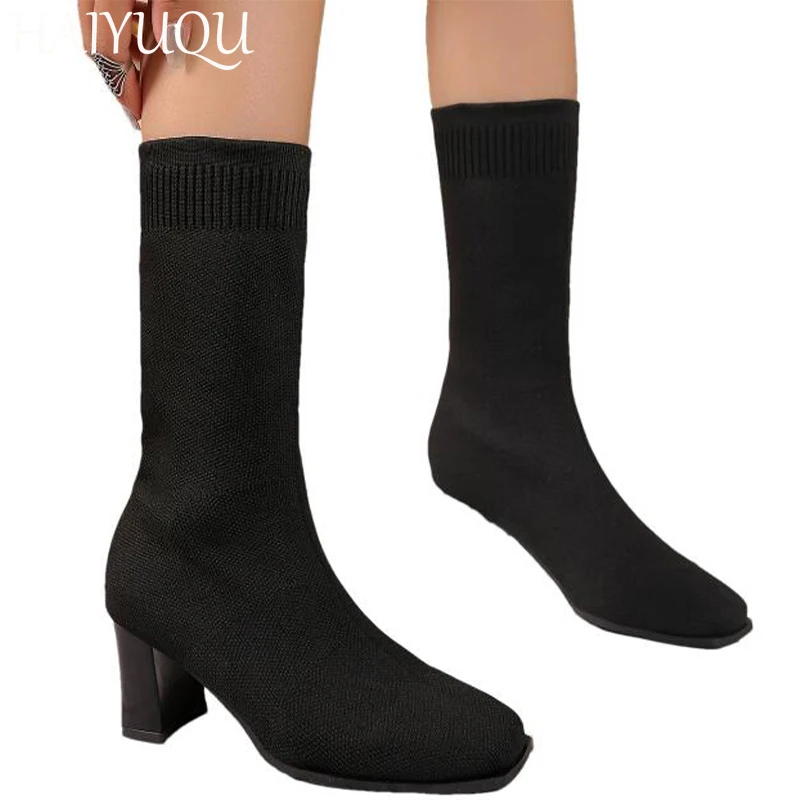Женские вязаные сапоги до середины икры на высоком каблуке дизайнерская модная